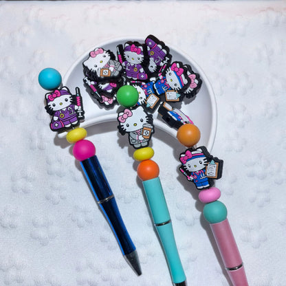 20pcs Silicone Focal Beads White Cat No Mouth Pink Bow Medical Staff