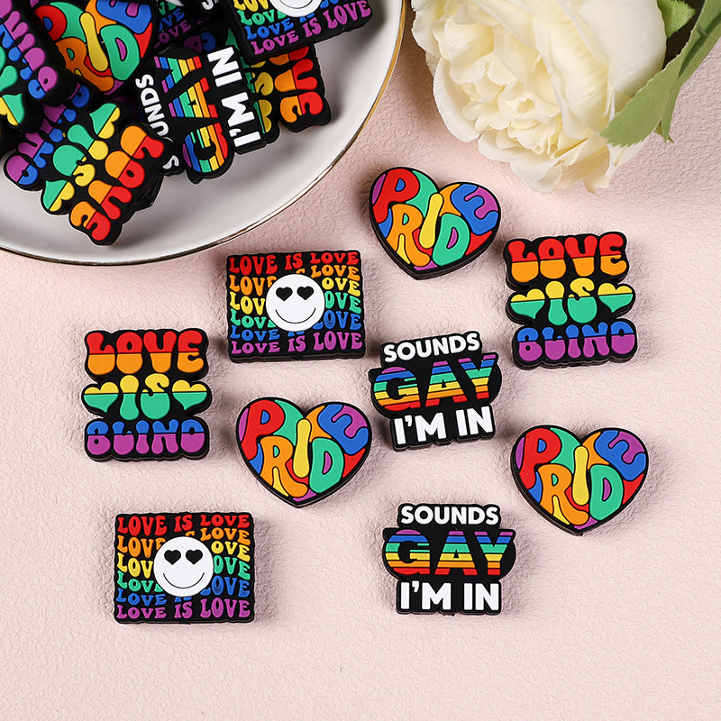 20pcs Silicone Focal Beads Rainbow Pride Theme Colored Heart and Letters 2