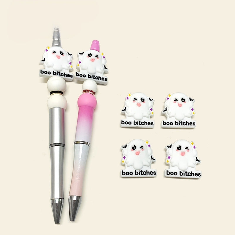 20Pcs Silicone Focal Beads Cartoon Ghost with Text Boo Bitches