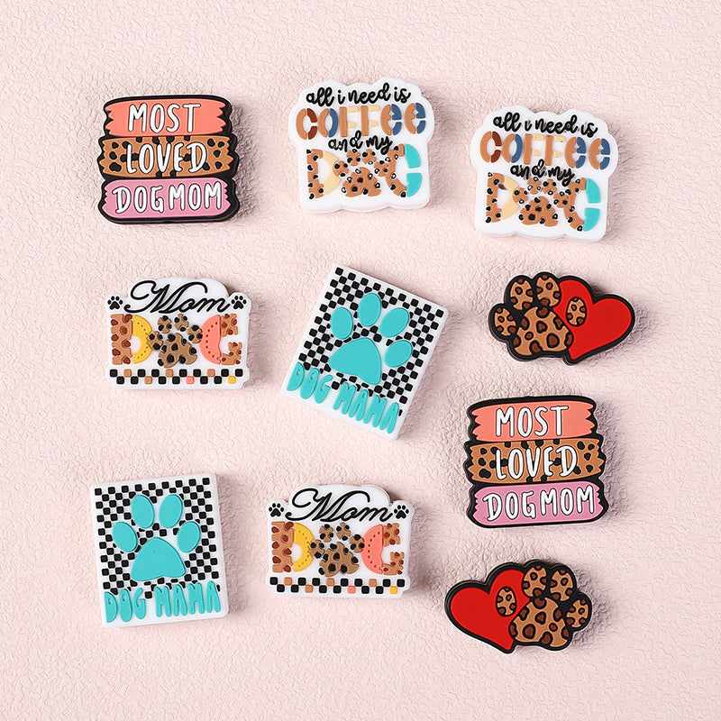 Silicone Focal Beads Leopard Dog Mom Series with Text and Paw Prints 5