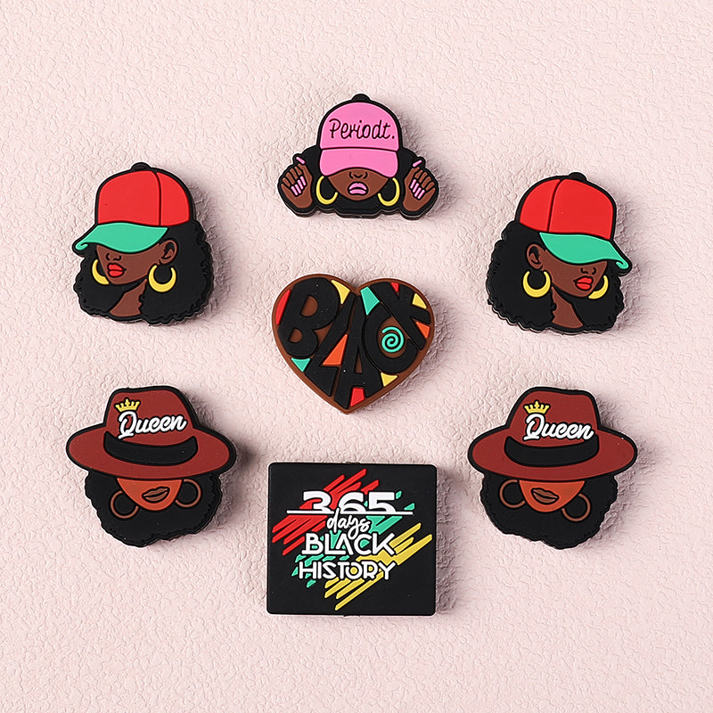 20pcs Silicone Focal Beads Black Girl Wearing Hat and Afro Hairstyle 2
