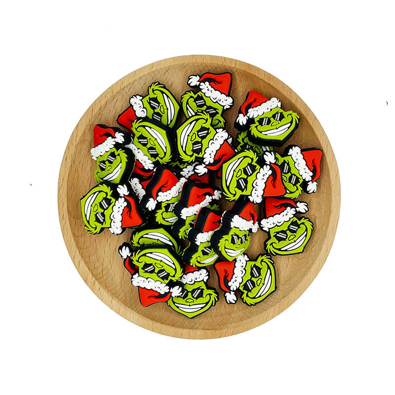 20pcs Silicone Focal Beads Green Furry Character Scowling Face Wearing Santa Hat 7