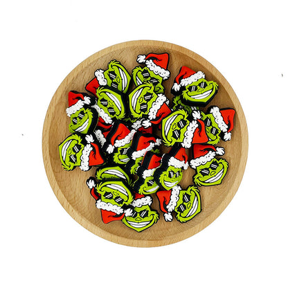 20pcs Silicone Focal Beads Green Furry Character Scowling Face Wearing Santa Hat 7