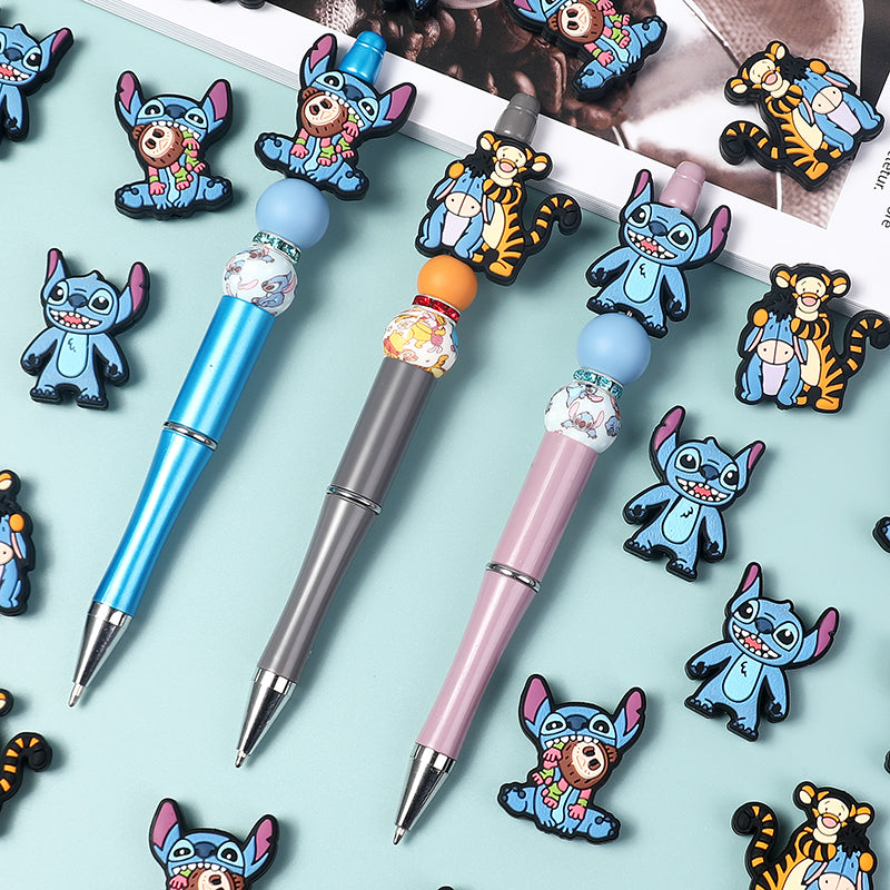 20Pcs Silicone Focal Beads Blue Alien Character Large Ears Sitting Pose and Blue Donkey with Tiger Companion 8