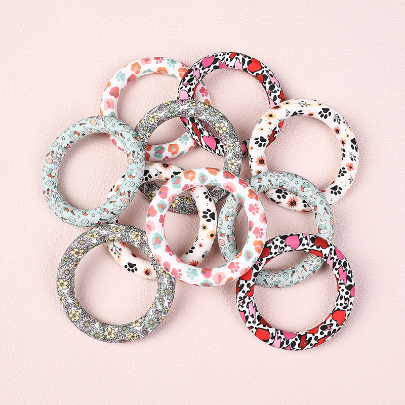 65mm Printed Silicone Beads Ring Shape Printed Design 3