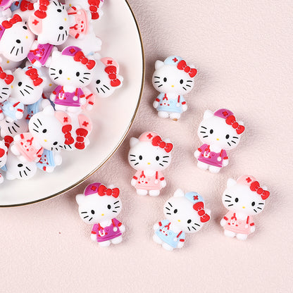 20Pcs Silicone 3D Focal Beads White Cat Wearing Nurse Hat with Stethoscope