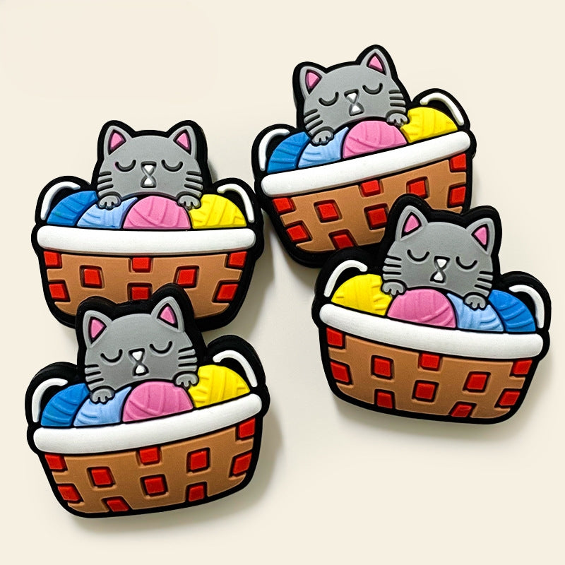 20Pcs Silicone Focal Beads Lazy Gray Kitten Sleeping in Basket
