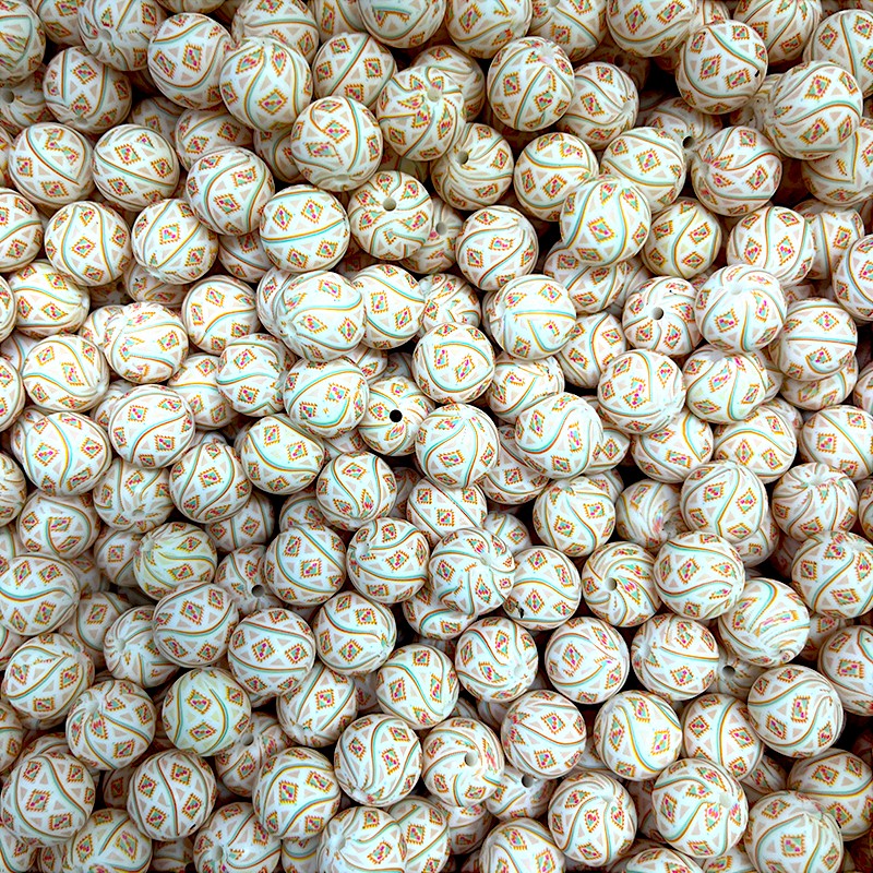 50pcs 15mm Printed Grids Silicone Beads Multi Color Pattern 3