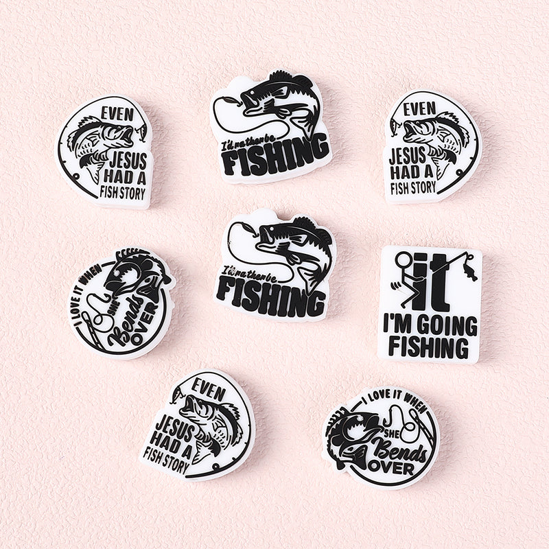 20Pcs Silicone Focal Beads Fishing Theme Printed Text Designs 6