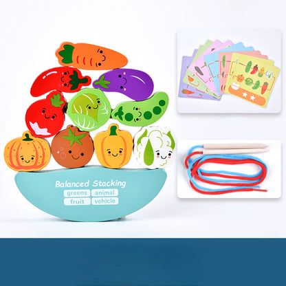 Wooden Building Blocks Animal Vegetable Fruit Balance Stacking Toy 9