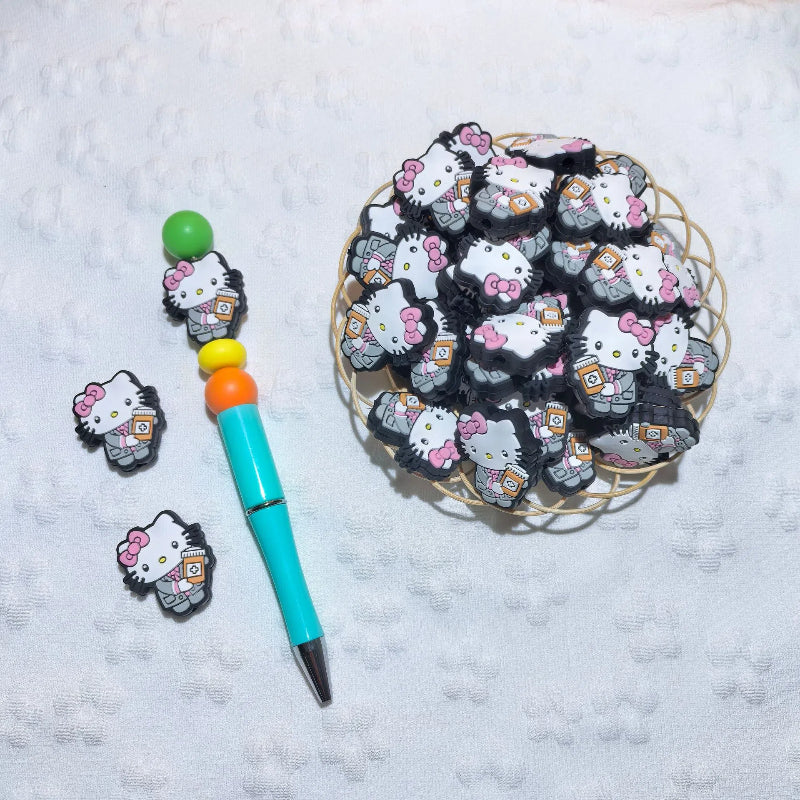 20pcs Silicone Focal Beads White Cat No Mouth Pink Bow Medical Staff 5