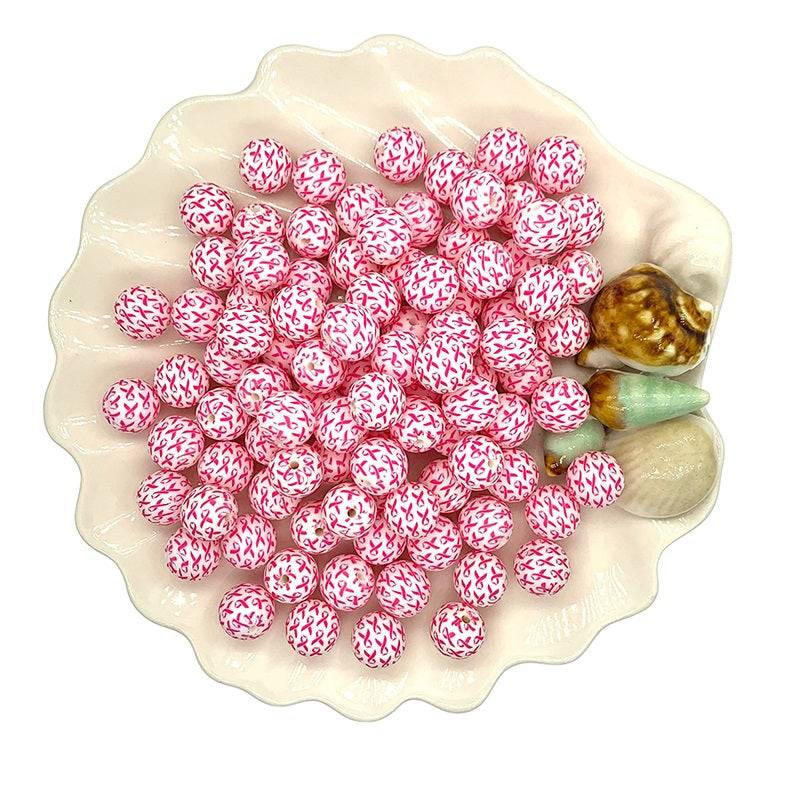 50pcs 15mm Printed Ribbon Silicone Beads Pink Awareness Design 2