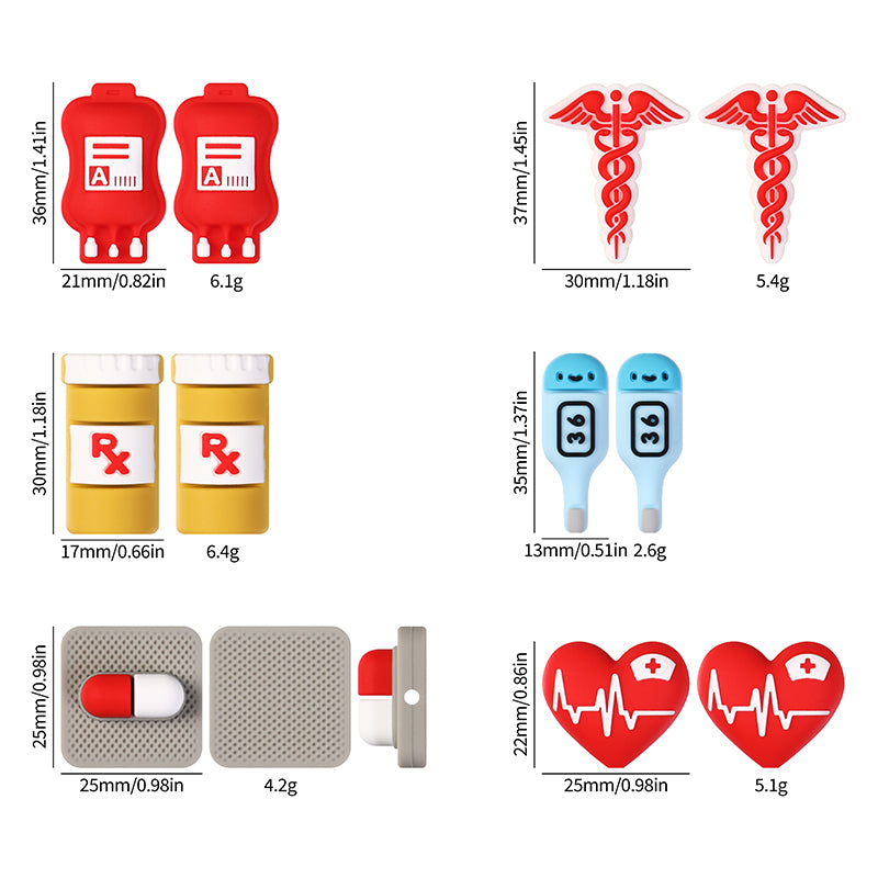 20PCs Silicone 3D Focal Beads Nurse Medical Supplies Heart and Thermometer 8