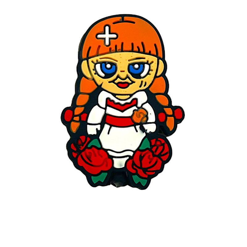 20pcs Silicone Focal Beads Halloween Doll with Braided Hair and Rose Base