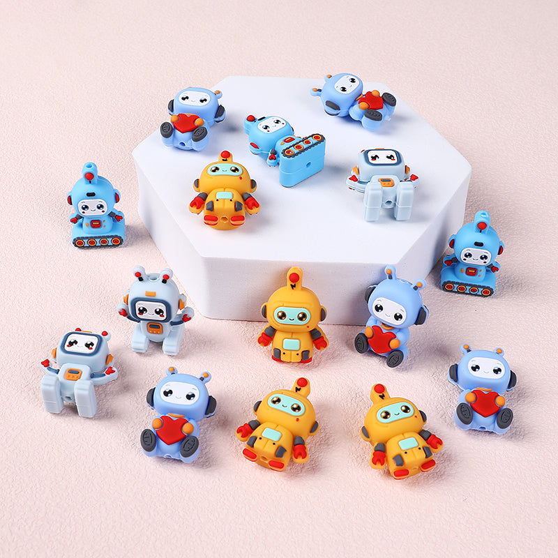 20Pcs Silicone 3D Focal Beads Love Robot Holding Heart and Front Facing 3