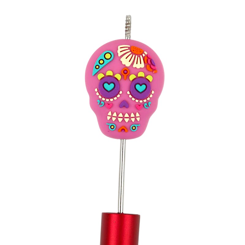 20Pcs Silicone 3D Focal Beads Halloween Pink Flower Skull Holding Flower 2