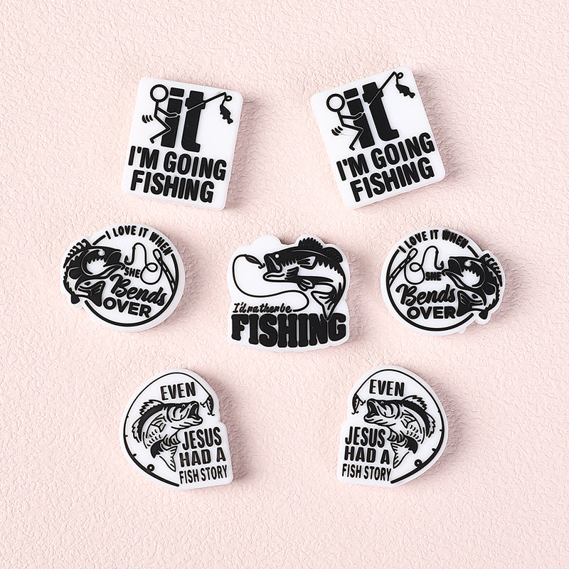 20Pcs Silicone Focal Beads Fishing Theme Printed Text Designs