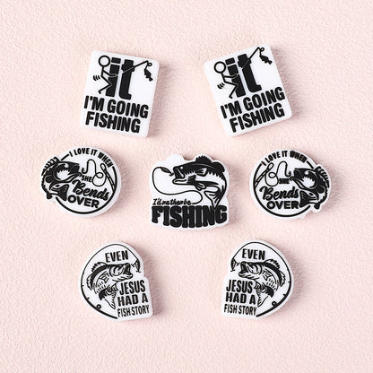 20Pcs Silicone Focal Beads Fishing Theme Printed Text Designs