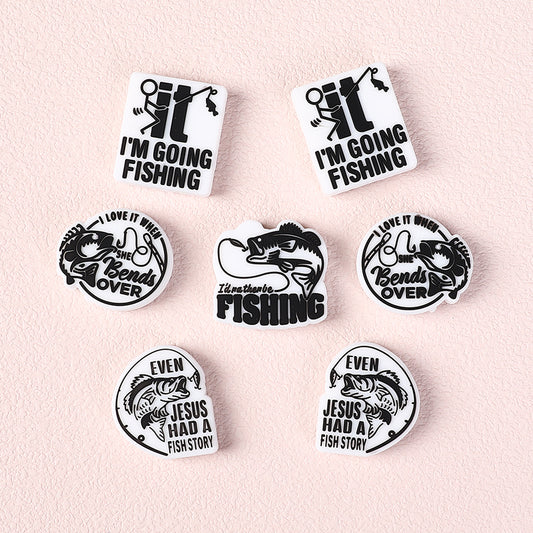 20Pcs Silicone Focal Beads Fishing Theme Printed Text Designs