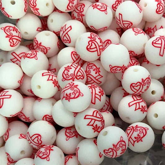 50pcs 15mm Heart Silicone Beads Red Ribbon Print