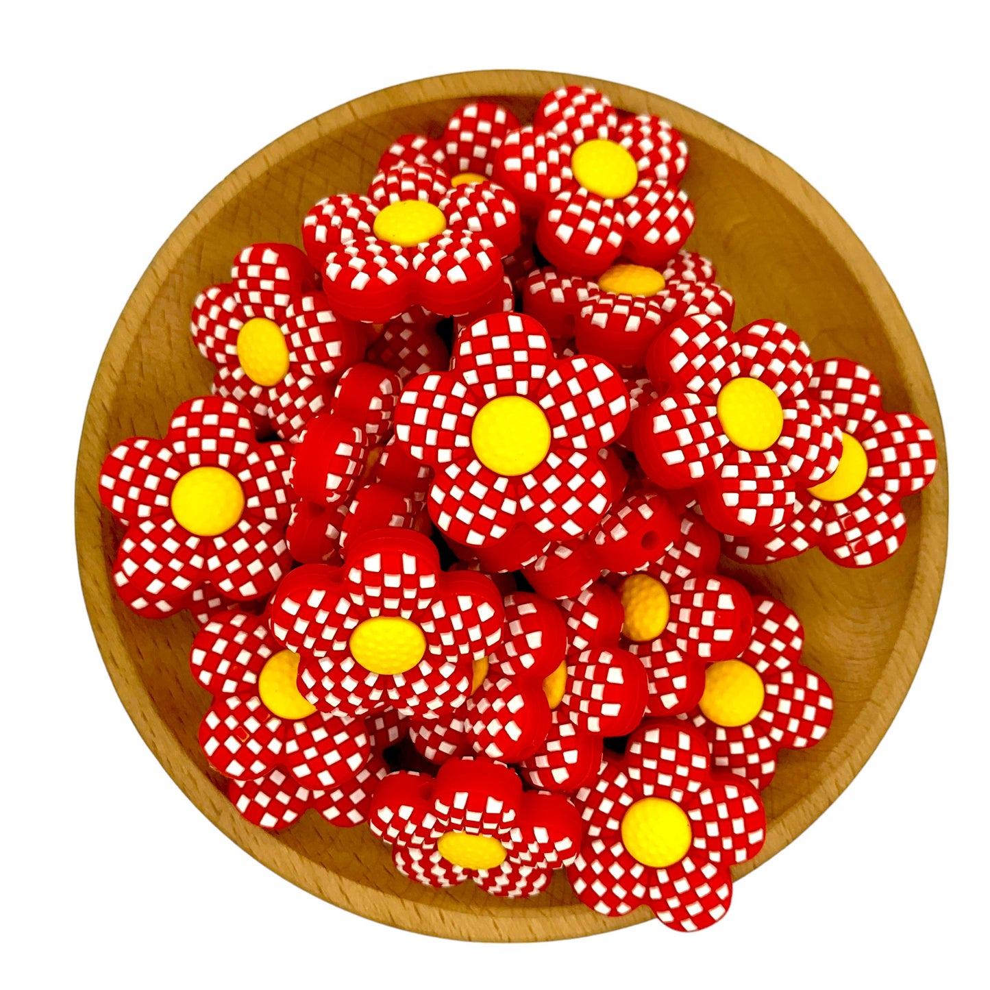 20pcs Silicone Focal Beads Plaid Floral Red Yellow Center 3