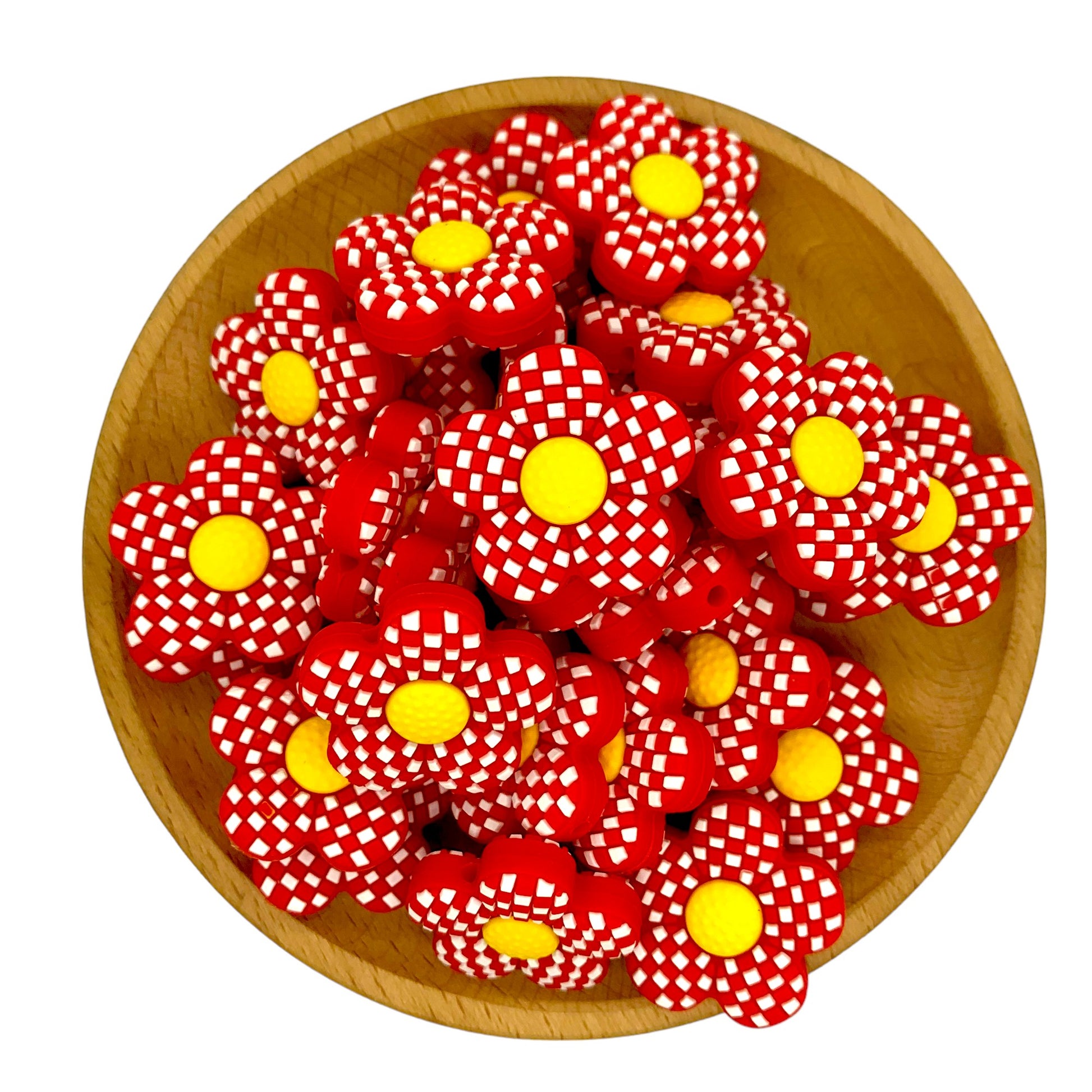 20pcs Silicone Focal Beads Plaid Floral Red Yellow Center 3