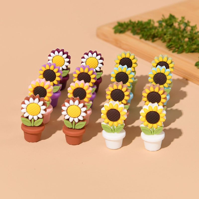 20pcs Silicone Focal Beads Flower Pot Sunflower Yellow White Flower Design 2
