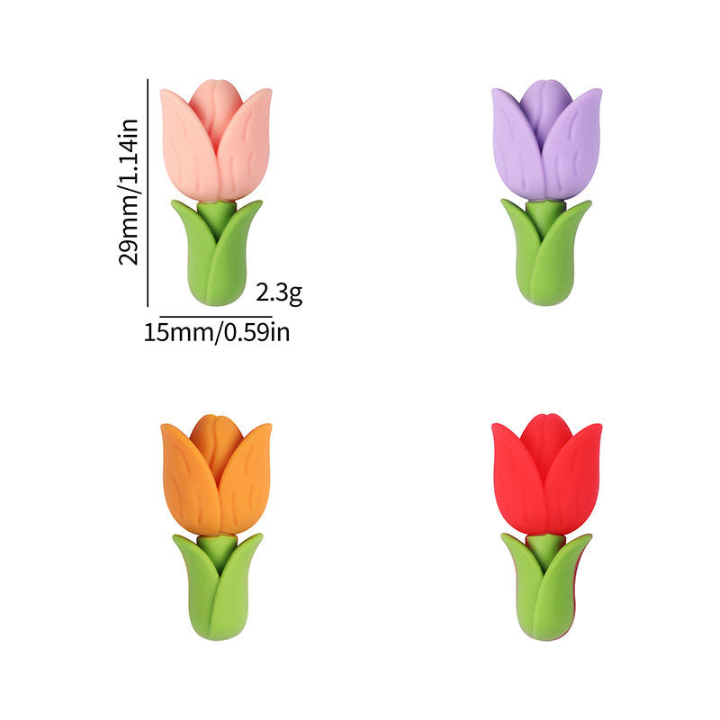 20Pcs Silicone 3D Focal Beads Tulip Flower with Green Leaves 9