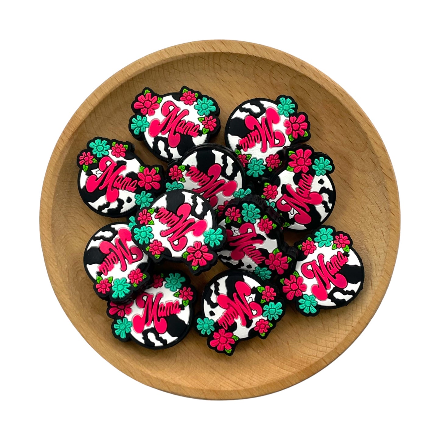 20pcs Silicone Focal Beads Mama Floral Text Design 2