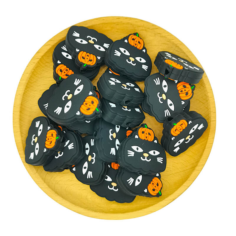 Silicone Focal Beads Black Cat Pumpkin Head Detail 2
