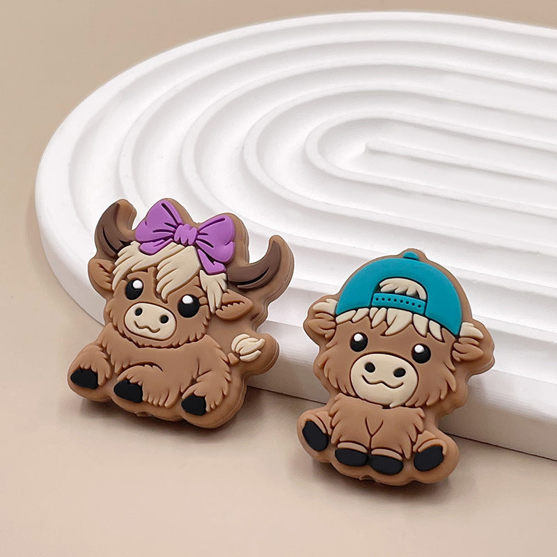 20pcs Silicone Focal Beads Bady Highland Cow Girl and Boy With Hats 3