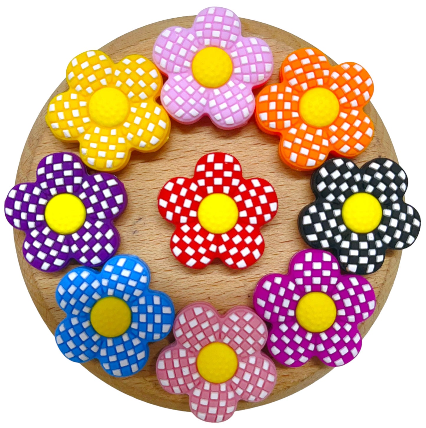 20pcs Silicone Focal Beads Plaid Floral Red Yellow Center 2