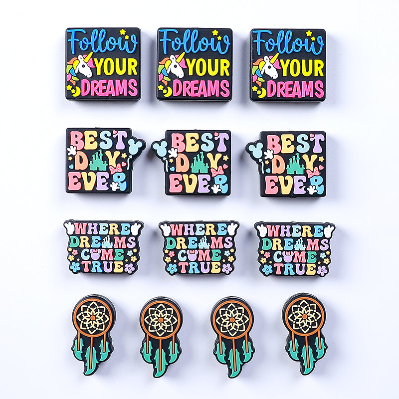 20pcs Silicone Focal Beads Dreams Text and Unicorn with Dreamcatcher Design 18