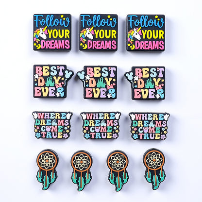 20pcs Silicone Focal Beads Dreams Text and Unicorn with Dreamcatcher Design 18