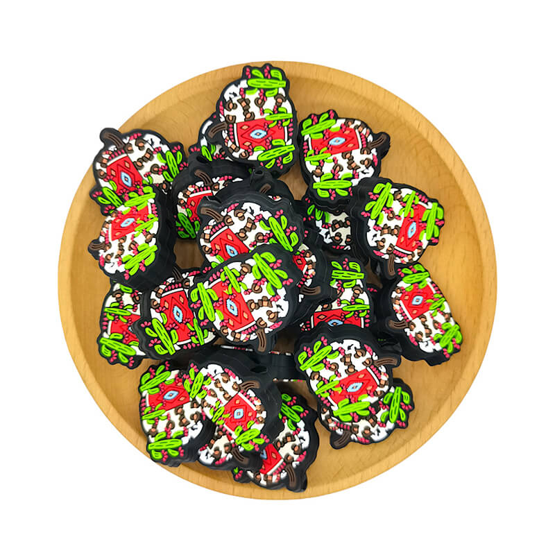 Silicone Focal Beads Cactus Pumpkin With Southwestern Rug Detail 2