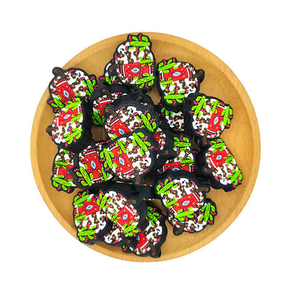Silicone Focal Beads Cactus Pumpkin With Southwestern Rug Detail 2