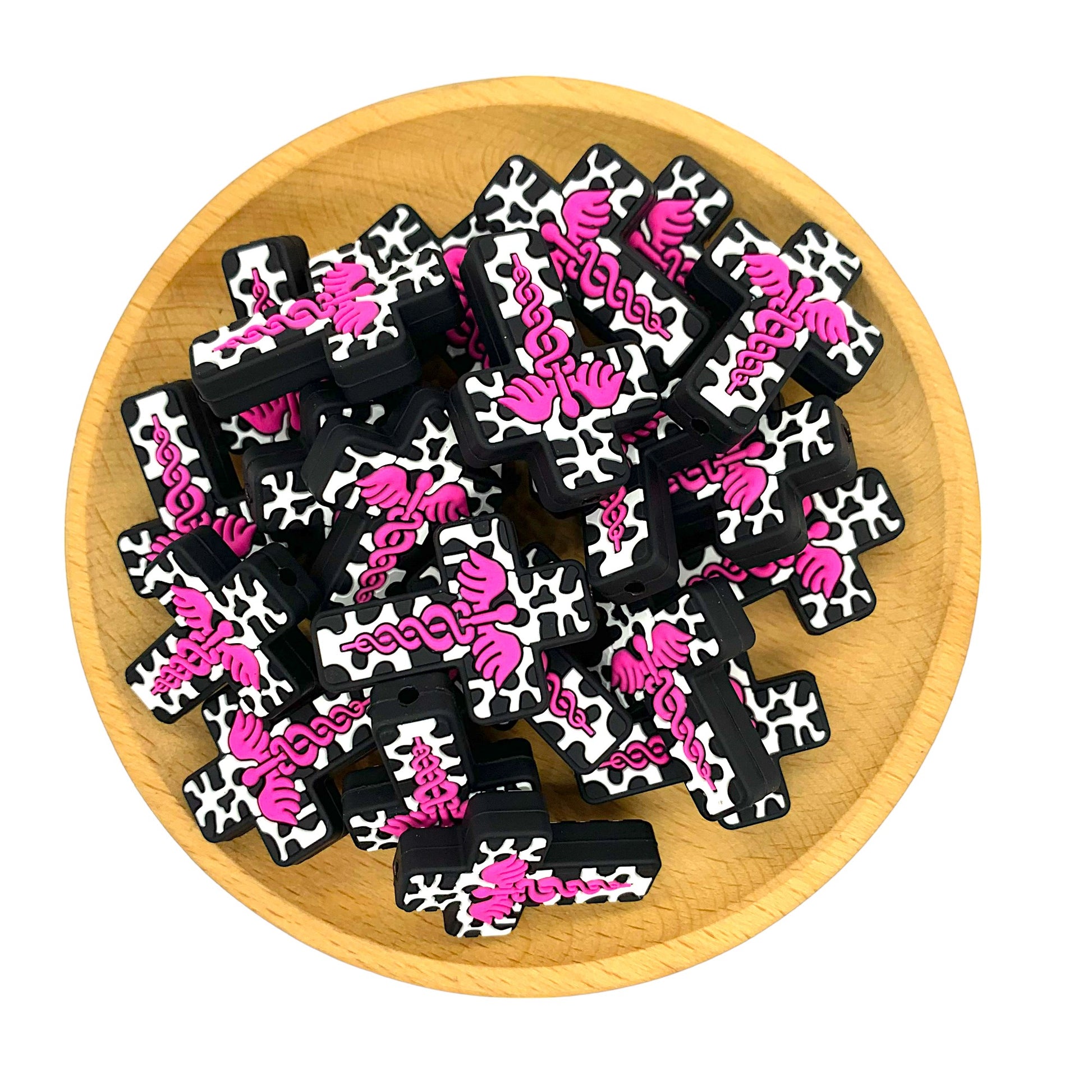 20pcs Silicone Focal Beads Nurse Cross Pink Emblem Design 2