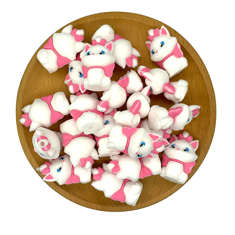 Silicone 3D Focal Beads White Cat with Pink Bow Front and Back View 2