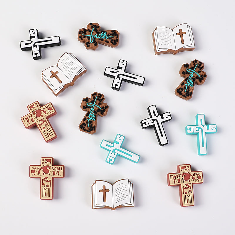 20Pcs Silicone Focal Beads Bible Cross Cutout Center Design 3
