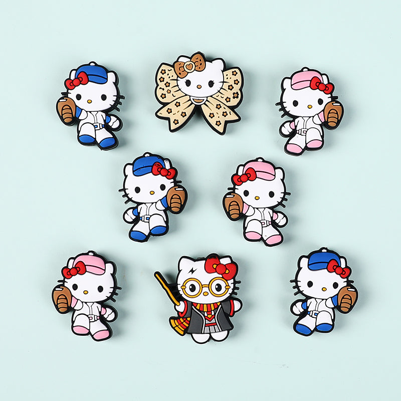20Pcs Silicone Focal Beads White Cat No Mouth Red Bow with Accessories 4