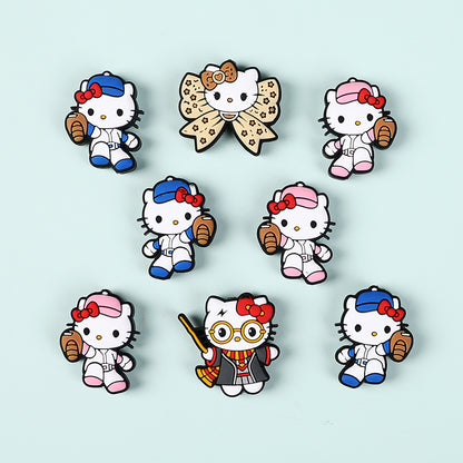 20Pcs Silicone Focal Beads White Cat No Mouth Red Bow with Accessories 4