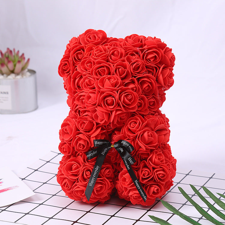 Silk Flower Rose Bear Plush Toy Gift Box 30cm