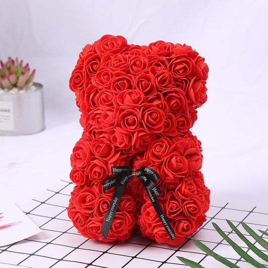 Silk Flower Rose Bear Plush Toy Gift Box 30cm