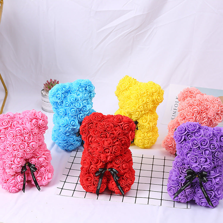 Silk Flower Rose Bear Plush Toy Gift Box 30cm 14