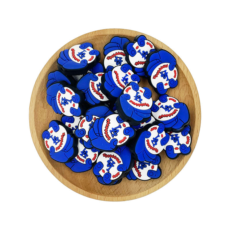 20pcs Silicone Focal Beads Baseball with Blue Glove Holding Ball 2