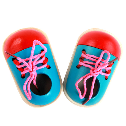 Wooden String Practice Shoes Montessori Toys for Toddlers 6.5x11x4cm