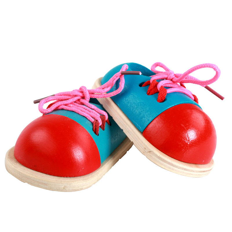 Wooden String Practice Shoes Montessori Toys for Toddlers 6.5x11x4cm 3
