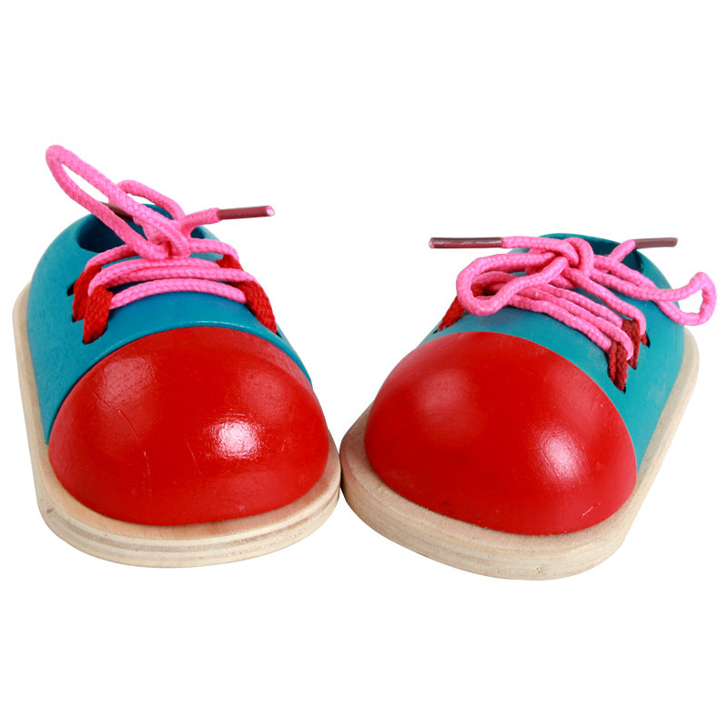Wooden String Practice Shoes Montessori Toys for Toddlers 6.5x11x4cm 4