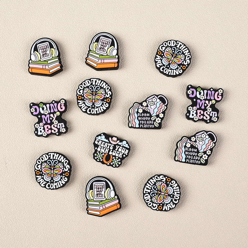 Silicone Focal Beads Retro Inspirational Letters with Colorful Text and Icons