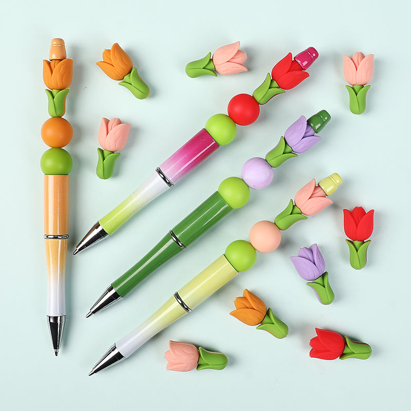 20Pcs Silicone 3D Focal Beads Tulip Flower with Green Leaves 6